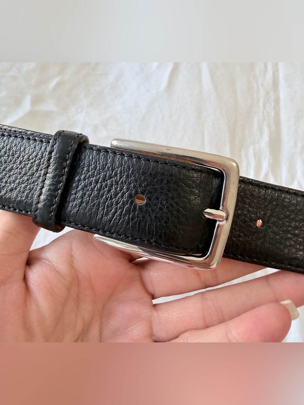 Desanto | Men’s 38 | Black Pebbled Leather Belt Silver Tone Buckle Contemporary